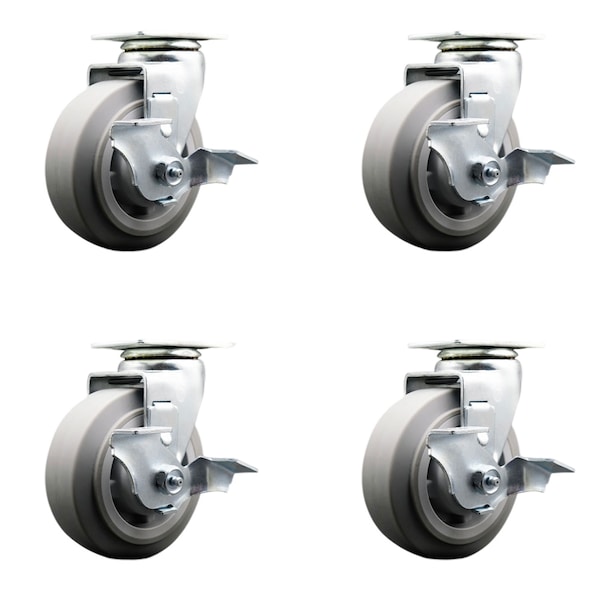 5 Inch Thermoplastic Rubber Swivel Caster Set with Ball Bearings and Brakes